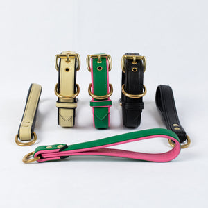 Bestseller// Genuine Leather Dog Collar: Pip Collar  Equestrian Green & Hot Pink Dog Collar